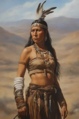 head to waist - native American Indian, Sacagawea - craggy desert wasteland background, 32k, UHD, Hyper-realistic oil painting by Gerald Brom