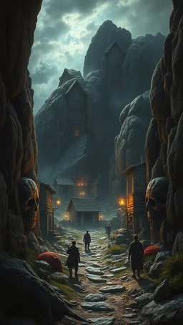 Busch nightmares paining style, thin line draw ,Title:view of a Stone Age village , 8k artistic photography, photorealistic concept art, soft natural volumetric cinematic perfect light, chiaroscuro, award-winning photograph, masterpiece, oil on canvas, Raphael, Caravaggio, Greg Rutkowski, people, beksinski, Giger