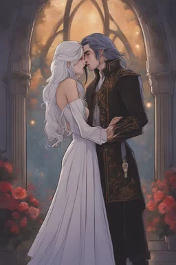 A couple from the dnd game curse of Strahd kissing. She has white hair he has long black hair. Romantic, sweet, loving.