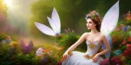 bright fairy, beautiful portrait, flowery landscape