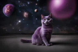 A hyper-realistic ,A purple cat walking in space, the space is colorful, a fairy tale look, the cat is smiling, Photo Real, HOF, full size, practicality,manufacturability,performance, (((realism, realistic, realphoto, photography, portrait, realistic, elegant, charming, apocalyptic environment, professional photographer, captured with professional DSLR camera, trending on Artstation, 64k, ultra de