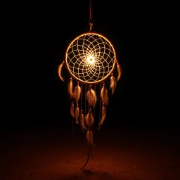 the center of a dreamcatcher made of light, glowing internal light, translucent, natural red/brown tones, brown dirt ground long bottom, dark background, fantasticlighting