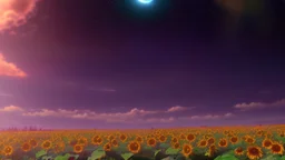 purple sky full of stars, sunflower field, anime, high res, makoto shinkai