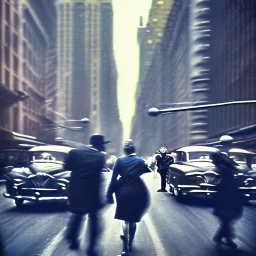 Picture 1950's street life, people, New York, blurred, abstractism, colours, strong texture, 3d