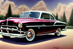 a true-to-life 1950 Ford Club Coupe, centered, intricate, extreme detailed, photorealism, center view, suburb background, pivot on ford, pen and color marker, painting by cheryl kelley