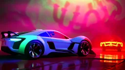 alien tech sports car, unusual neon lighting, high velocity, 64k, dystopian, vray, steampunk