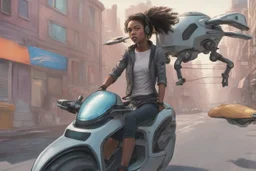 young woman astride a large hoverbike, with no wheels, floating along an alien street