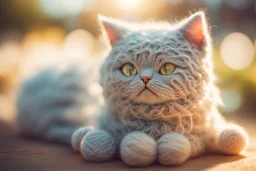 knitted cat in sunshine, ethereal, cinematic postprocessing, bokeh, dof