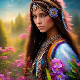 bright native american fairy, beautiful portrait, flowery landscape