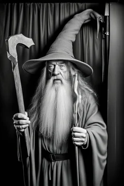 Gandalf with crowbar taking serie of BW photos inside photo booth.