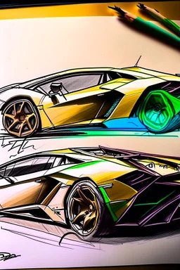 2d drawing in color Lamborghini, side view of drivers side, rough sketch