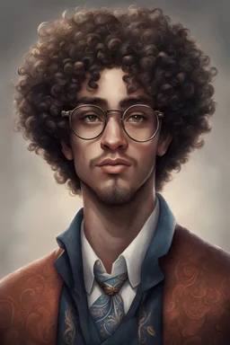 Ein junnge namens zinar ist weis hat locken und eine runde brille hat ein par mutermale im gesicht