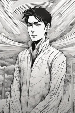 Portrait drawing of A man with deep lines on his face, staring towards the heaven, manga style, chaos