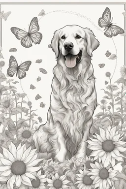 Playful Golden Retriever in a lively field of sunflowers, butterflies, mature coloring artwork, contour, vector, clean line art, white background, detailed, black and white, in the style of Mandala design
