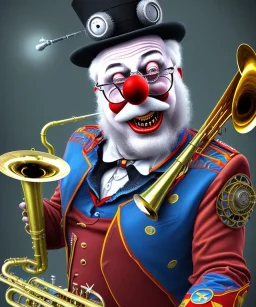 mechanoid old friendly fat clown with trimmed beard playing jazz with a steampunk theme, trumpet, realistic