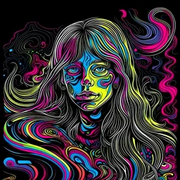 lsd psychedelic girl in sureal world , line art style , black background , vhs style, illusional, optical delusion,