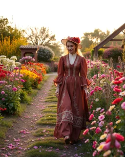 create a video , in a pretty nature of conuntry side a big mas of ramdom pretty flowers fall down and a beautiful lady in victorian clothing comes out and walks with cute in the flowers garde