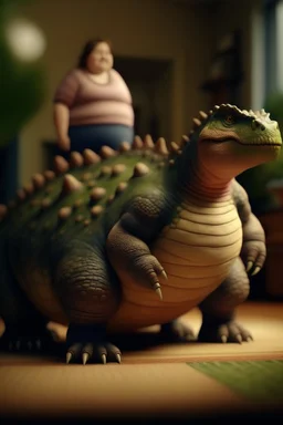 cute woman has really fat obese dinosaur on a doormat,shot on Hasselblad h6d-400c, zeiss prime lens, bokeh like f/0.8, tilt-shift lens 8k, high detail, smooth render, down-light, unreal engine, prize winning