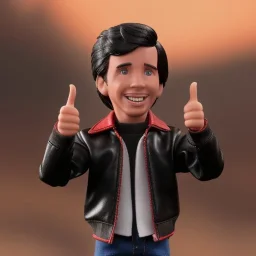 wide view young Plastic Fonzie with black hair toy Action figure doll 1975 (thumbs-up) (face) Forehead grin, fonzarelli, jukebox background, eyes