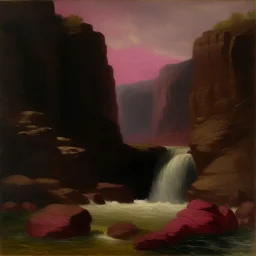 A purplish magenta fjord with rocks and a waterfall designed in Navajo woven art painted by Albert Pinkham Ryder