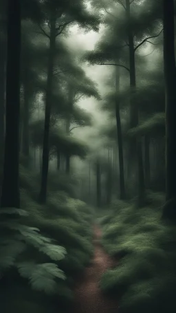 a calm greenery forest scene, different tones of dark green, cinematic photography, dense, slightly dusty, realistic
