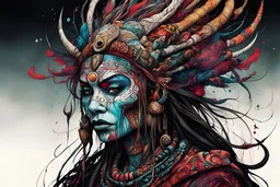 highly detailed , abstract, character concept illustration of a world weary, female tribal shaman , maximalist, sharp focus, highest resolution, in the styles of Alex Pardee, Denis Forkas , and Masahiro Ito, boldly inked, 8k, coarse, gritty textures
