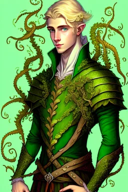 young half-Elf nobleman with green thumbs and 2 vine-like tentacles with blonde hair and green eyes and green thumbs with claws in the style of Beresford Egan