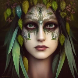 Portrait of beautiful girl, plant, metal, feathers, Dryad, fae, sidhe, ominous, nature, plants, wildflower, facepaint, dnd character portrait, intricate, oil on canvas, masterpiece, expert, insanely detailed, 4k resolution, retroanime style, cute big circular reflective eyes, cinematic smooth, intricate detail , soft smooth lighting, soft pastel colors, painted Renaissance style,bokeh, 800mm lens