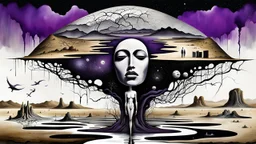inner world with uncontrolled mind and soul, in midle a big head statue stands on little floating island over deep Sahara, around surreal cracked painted weird land with some black doors. deep dark purple, gray, black, white, brown. Whimsical style of Chagall , of Minjae Lee and René Magritte, lonely face with absurd beauty. broken, weird bizarre absurd nightmare, labirynth, dark vision, neuron network background, surreal vibe