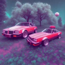 1980's aesthetic vaporwave wood trees with spheres and car clasic and sexy girl red car low