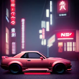 nissan skyline r34; tokyo; realistic; rain; neon signs