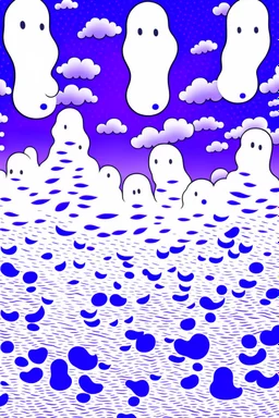 Footprints on a cloud. Mosaic of ghosts. Use only white, black, and purple.