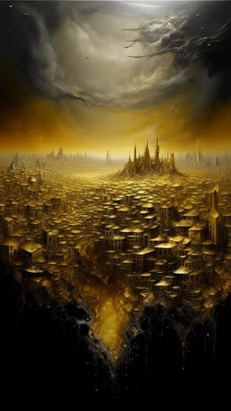 oil painting of a city of gold That lies in the deep distance