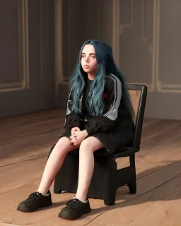 Billie Eilish, sitting on a chair, Black Short Dress, high detail, realistic