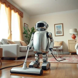 retro futurism, a silver metallic robot is vacuuming the floor in a Jetson's like living room, photorealistic, shot on a Nikon camera