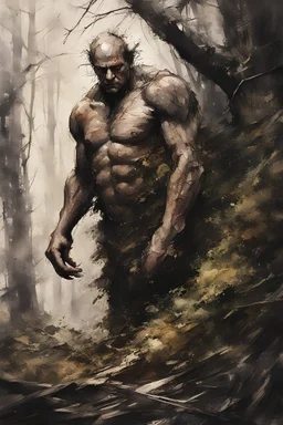 a stupid and crazy stone giant walks through the forest and breaks, vivid emotions, watercolor, photorealism, dark fantasy, bad weather, gloomy day, dark world, sketch art, fine lines, grunge, sensual, darkness, by Raymond Swanland & Alyssa Monks & Anna Razumovskaya