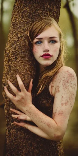 portrait of a very beautiful lady on a burnt tree, picture, details, texture, brown eyes, freckles, blonde, dangerous, playful, mountains, nature, flowers, fire, street style, 80s fashion, retro, classic, casual, Queen Catherine , magenta, aqua, abstract