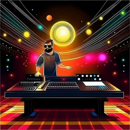 Dance hall ,dj play ,laser lights, disco ball, beard DJ play music with DJ desk,