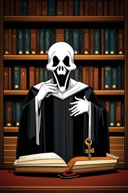 ghost of a scholar with a key in a library