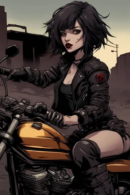 vampire girl showing fangs with short cropped cyberpunk hair riding a black cafe racer motorcycle in a post apocalyptic wasteland at dusk