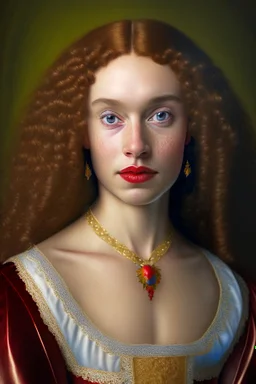 Realistic Phot of young woman, Portrait, Full body, young woman, oval face, light brown skin, realistic HD Skin, tiny pores seen on skin, bright red very curly long hair, green eyes, plumper reddish brown lips, soft smile, dressed in a gold red white and blue intricate medieval gown with low neckline, big tear shaped bosoms, slim perfect body, Beautiful hair, Makeup, bokeh, Octane render, 16k, Beautiful lighting, Golden ratio composition , by irmgard karoline becker despradel, Intricate details