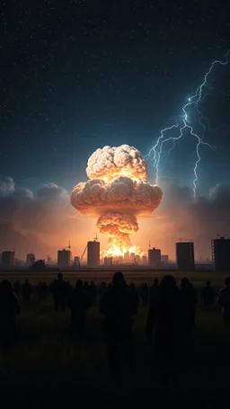A field of random people in a good lighting at the end of the picture a dark sky with a glowing stars sky and a destroyed buildings in the background with a huge nuke explosion in the back and thundering storms sky
