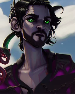 fantasy demon tiefling horned, small ram horns, white skin, ashey complexion, rogue scoundrel happy go lucky, cheeky smile, gunslinger pirate pistol, pirate gear, yellow shining cat eyes, black neck length hair, short black beard, green jacket, leather ammo belt,