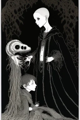 7 year old boy, necromancer, friendly, looks dead,with a long lamprey emerging from his belly , wearing black robes, in the style of Harry Clarke