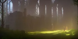 Ruined overgrown castle in a forest, light rays, dynamic lighting, night