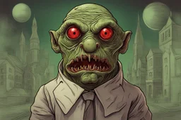 Digital illustration of a (((Vogon))), characterized by green skin, red eyes, and a large nose with rotten teeth. Art style inspired by surrealism and grotesque aesthetics. Background: bureaucratic setting. Use a fish-eye lens for a distorted perspective. Influenced by artists on Dribble and Deviantart. High-resolution image emphasizing the absurd and repulsive nature.Alchemy v2 dynamicLeonardo Diffusion XL