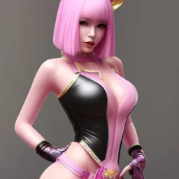 Asian woman, leaning pose, rabbit mask, pink short hair, latex suit, highly detailed,