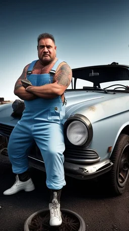 full figure photography of two strong serious 50 years old chubby italian car mechanics men in dirty overalls and tank top, repairing a car, stand up near a car, tattoo, bulge, short beard, in a dirty street, dirty and ugly, bullneck, manly chest, in tank top, emotive eyes, sunlight, photorealism , ultra defined , photorealistic