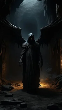 A tall hooded Angel with wings , thick layer of dark brown corrosion , standing in front of a dark cave, Bosch painting style , of a nightmare , hyper photorealistic, hyper detailed dark , high resolution, fog, octane render, tilt shift, 8k ,