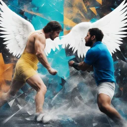 [multiple collage, distorted colours, Shattered Image, double exposed] Jacob wrestling with angel